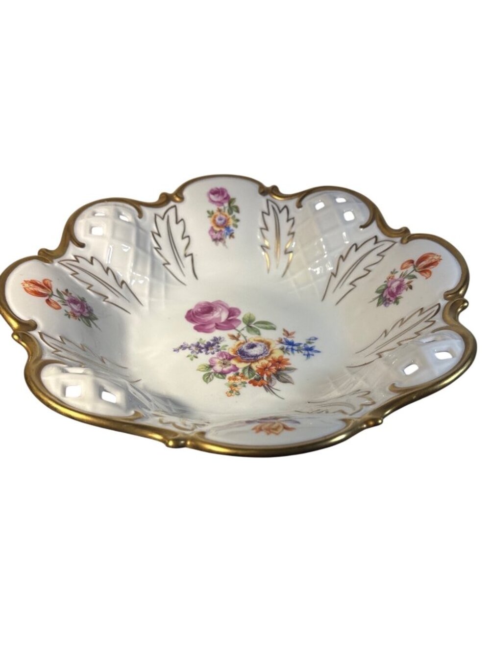 Reichenbach Bowl Footed Reticulated Round Gold Trim Floral Fine China 11" German